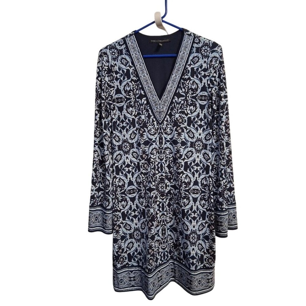 White House Black Market Womens Patterned Tunic Dress Long Sleeve Navy/White S